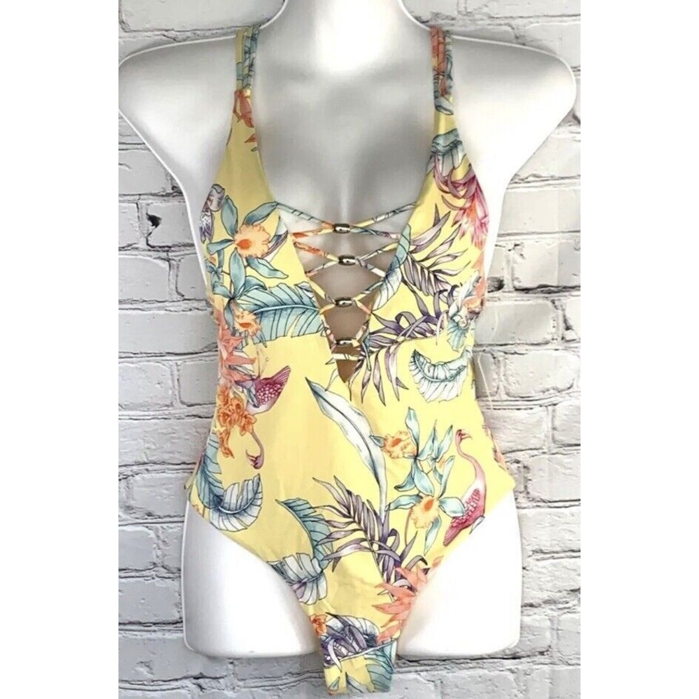 TiNiBiKiNi Swimsuit Womens M One Piece Strappy Monokini Sexy Flamingo Yellow